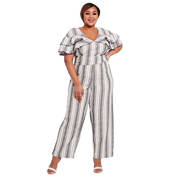 Ashley Stewart Plus Size Linen Blend Striped Jumpsuit Size 14 - Picture 1 of 7